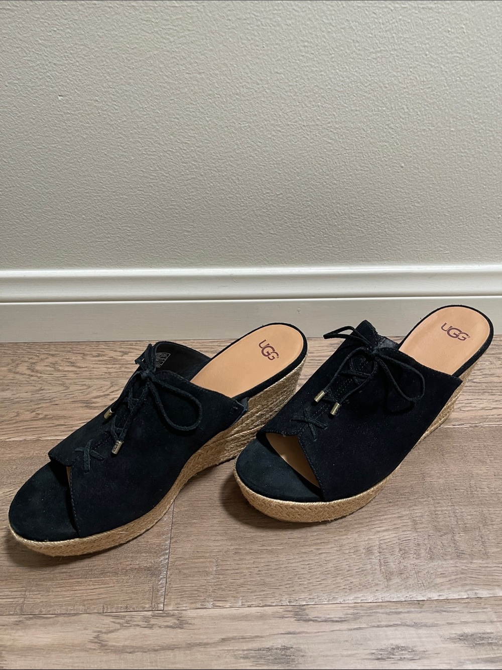 UGG Black Suede Espadrille Wedge Slides with Lace-Up Accents